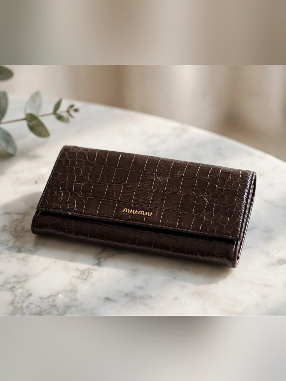 Miu Miu Croc-Embossed Leather Key & Card Holder in Dark Brown with Gold Logo